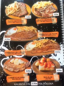 Spanish menu from Melide on the Camino de Santiago.