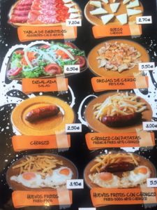 Spanish menu from Melide on the Camino de Santiago