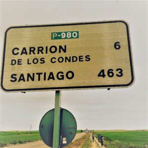 Highway mileage sign outside Carrion de los Condes