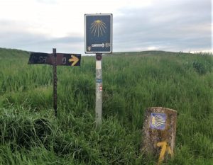 Three yellow arrow markers on the Camino de Santiago outside of Tardajos.